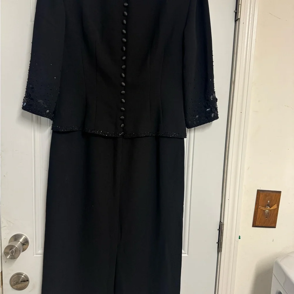 Donna Morgan Black Dress, Sequin Embellishments, 3/4 sleeves, buttons down back - Picture 8 of 12